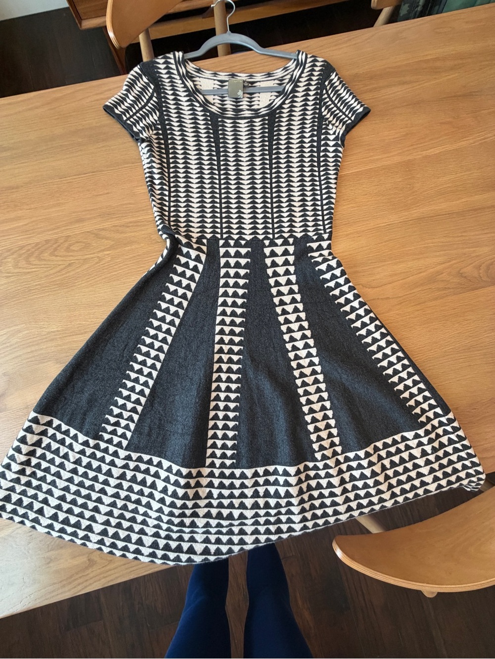 Taylor Black and Grey Geometric Fit-and-Flare Sweater Dress